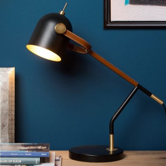 Elegant φωτιστικό γραφείου μαύρο με δερμάτινα καφέ στοιχεία 53cm