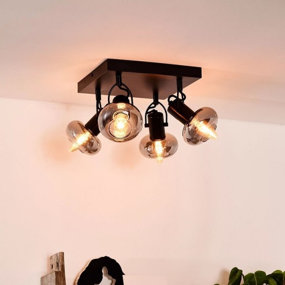 Μαύρη ροζέτα τετράγωνη 23x23cm με 4 σποτ γυάλινα φιμέ E14 