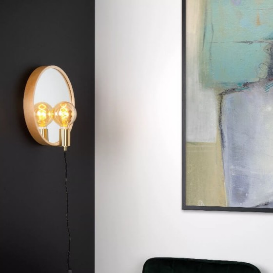 Ξύλινο φωτιστικό τοίχου με καθρέφτη Φ31cm και καλώδιο πρίζας 