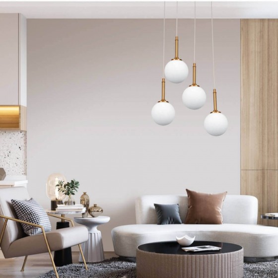 Κρεμαστό φωτιστικό ροζέτα τετράφωτη Φ30cm χρυσαφί με οπάλ γλόμπους