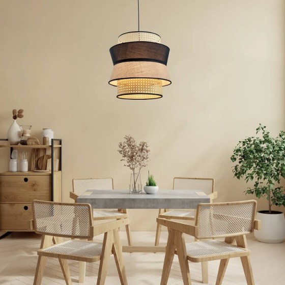 Κρεμαστό φωτιστικό με φυσική ψάθα και μαύρο ύφασμα Φ35x30cm