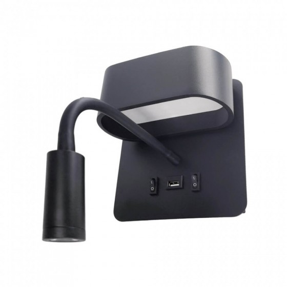 Μαύρη απλίκα LED 3000Κ Reading με USB και διπλό διακόπτη 16x18cm