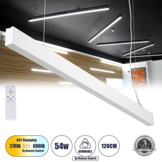Κρεμαστό γραμμικό φωτιστικό 120cm LED 54W Τηλεχειριζόμενο CCT DIM λευκό