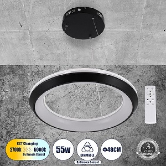 Κρεμαστό φωτιστικό δαχτυλίδι Φ48cm τηλεχειριζόμενο LED Dim μαύρο με λευκό