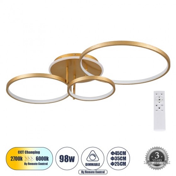 Φωτιστικό οροφής κύκλοι LED CCT Dim Φ25+35+45cm χρυσό