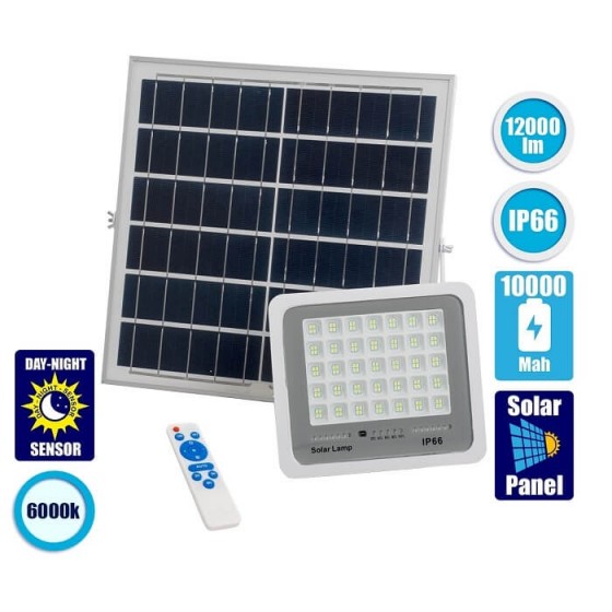 Λευκός προβολέας LED 100W 6000Κ με ηλιακό πάνελ και τηλεχειριστήριο