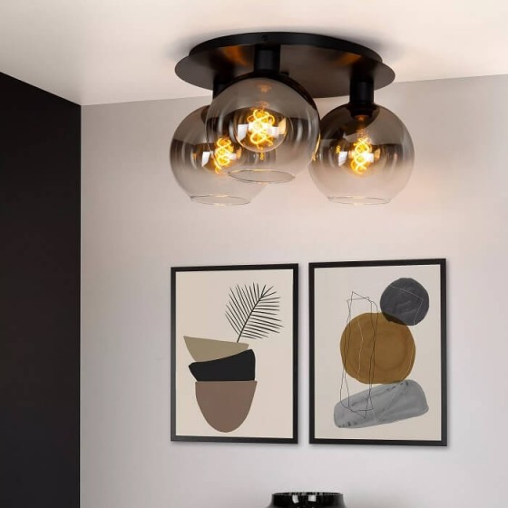 Φωτιστικό οροφής μαύρο Φ50cm με τρεις φιμέ γυάλινες σφαίρες E27 Φ20cm