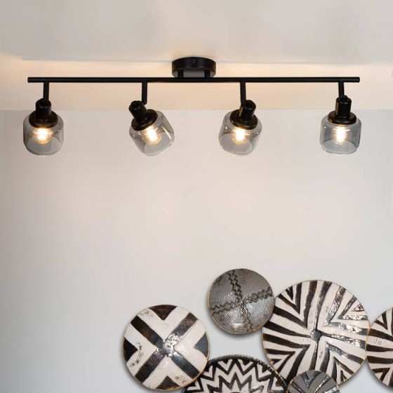 Φωτιστικό οροφής ράγα μαύρη 75cm με 4 σποτ γυάλινα φιμέ Ε14