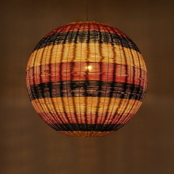 Κρεμαστό φωτιστικό μπάλα μπαμπού με κίτρινες-μπλε-κόκκινες ρίγες Φ70cm