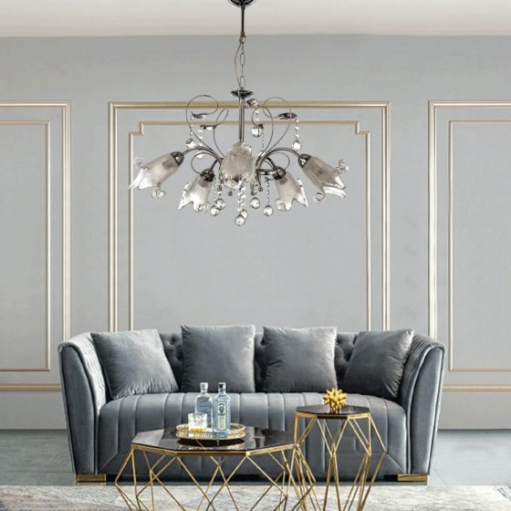 Κλασσικό κρεμαστό φωτιστικό Φ60cm πεντάφωτο με γυάλινα λουλούδια