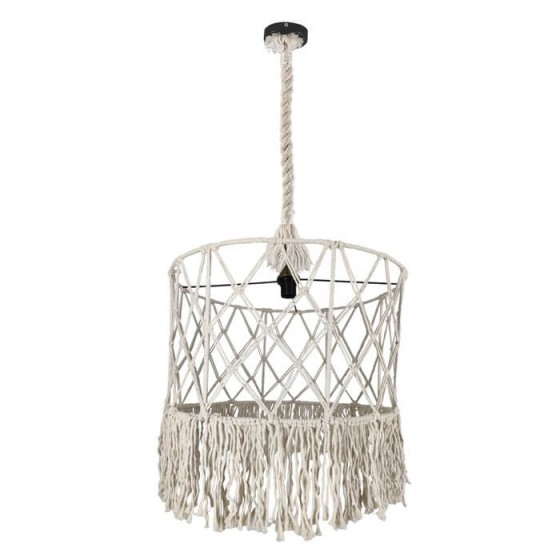 Κρεμαστό φωτιστικό λευκό σχοινένιο μακραμέ με κρόσια Φ55x45cm