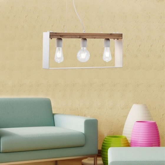 Κρεμαστό φωτιστικό τρίφωτο industrial σε πλαίσιο 60x25cm λευκό με ξύλο