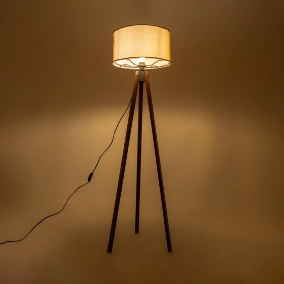 Φωτιστικό δαπέδου ξύλινο με σκούρο μπεζ υφασμάτινο καπέλο Φ38x140cm