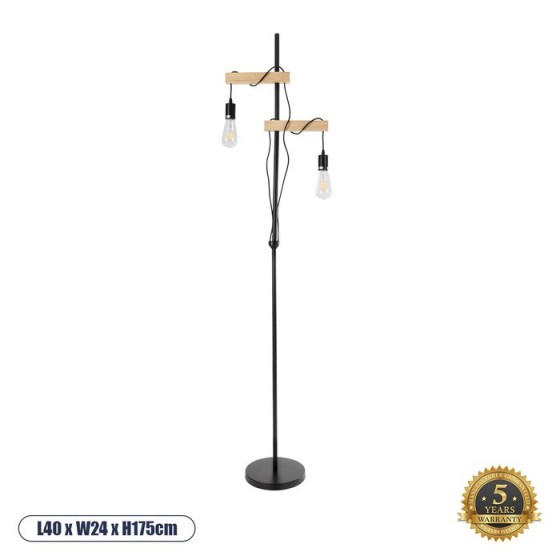 Μοντέρνο επιδαπέδιο φωτιστικό μαύρο δίφωτο με μπεζ ξύλινα μπράτσα - 40x24x175cm
