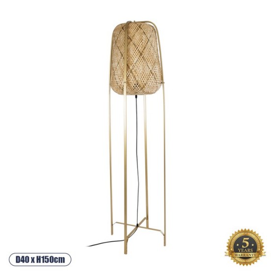 Boho επιδαπέδιο φωτιστικό χρυσό μέταλλο με πλεκτό καλάθι - Φ40x150cm