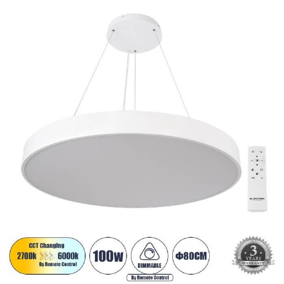 Κρεμαστό φωτιστικό LED CCT λευκό Φ80x8cm τηλεχειριζόμενο