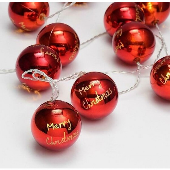 Κόκκινες μπάλες merry christmas σε διάφανο καλώδιο 135cm με μπαταρίες