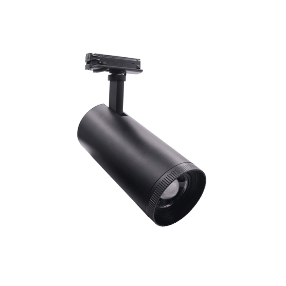 Σποτ ράγας μαύρο κυλινδρικό μονοφασικό με zoom LED 30W 3000K Φ80mm