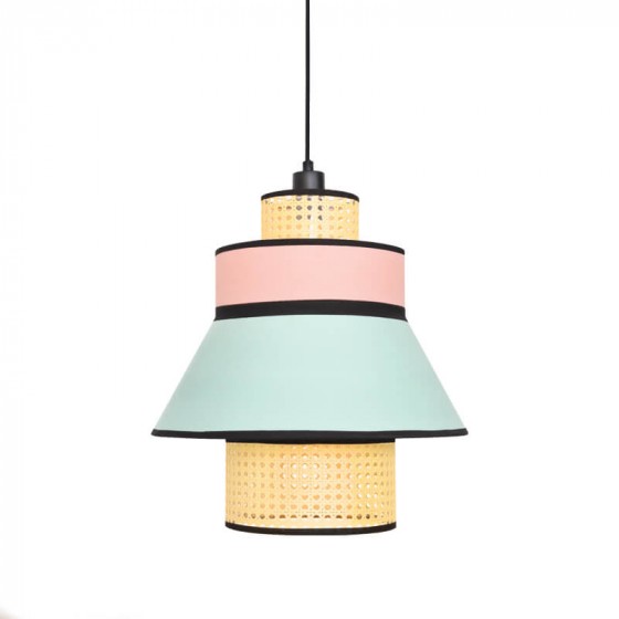 Κρεμαστό φωτιστικό με ρατάν και ύφασμα ροζ-μέντα Φ42x44cm