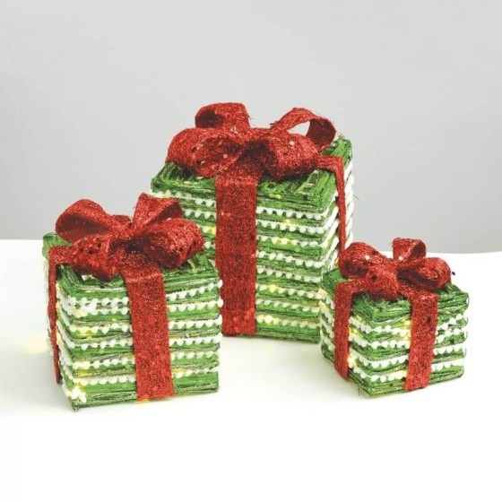 Δώρα Χριστουγέννων διακοσμητικά πράσινα με κόκκινη κορδέλα σετ 3 τμχ