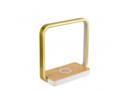 Πορτατίφ LED τετράγωνο χρυσαφί με ξύλινη βάση ασύρματης φόρτισης Φ23x23cm