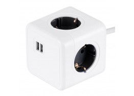 Πολύπριζο κύβος με καλώδιο 8x8cm λευκό-μαύρο με 4 σούκο και 2 θύρες USB