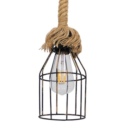 Vintage κρεμαστό φωτιστικό μονόφωτο μπρούτζινο σκουριά μεταλλικό πλέγμα με μπεζ σχοινί Φ12cm