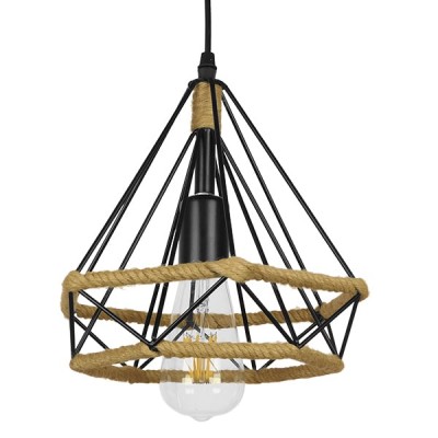 Vintage κρεμαστό φωτιστικό μονόφωτο μαύρο μεταλλικό με μπεζ σχοινί Φ25cm