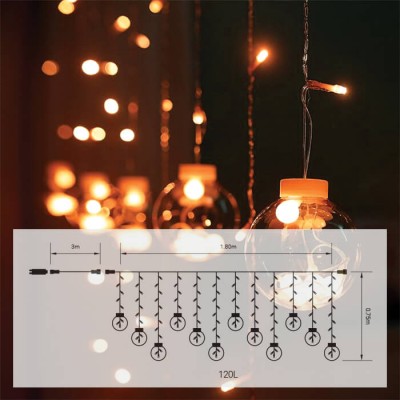 Χριστουγεννιάτικα φωτάκια κουρτίνα με μπάλες και λαμπάκια LED 250x75cm με controller