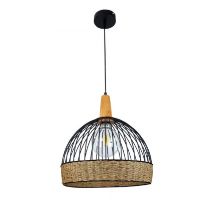 Κρεμαστό φωτιστικό μεταλλική λευκή καμπάνα Φ35x39cm με ξύλο και σχοινί