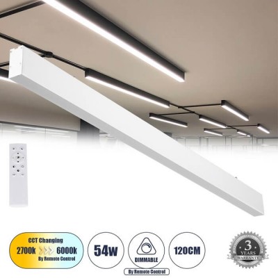 Γραμμικό φωτιστικό οροφής 120cm LED 54W Τηλεχειριζόμενο CCT DIM λευκό