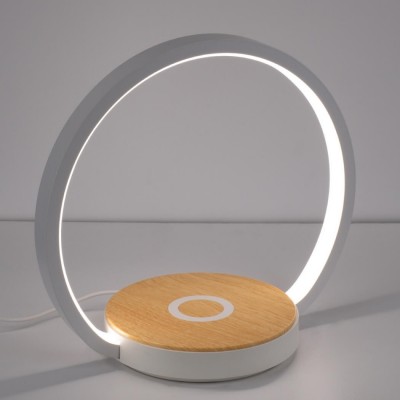Πορτατίφ LED κύκλος λευκός με ξύλινη βάση ασύρματης φόρτισης Φ26x14cm