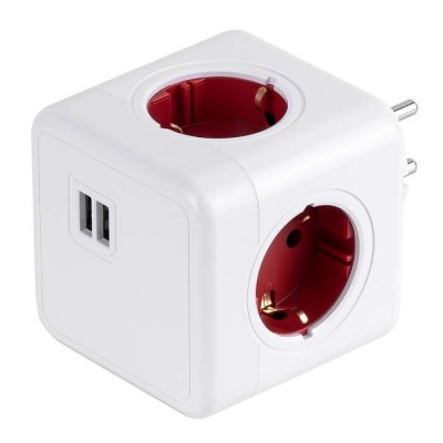 Πολύπριζο κύβος 8x8cm λευκό-κόκκινο με 4 σούκο και 2 θύρες USB