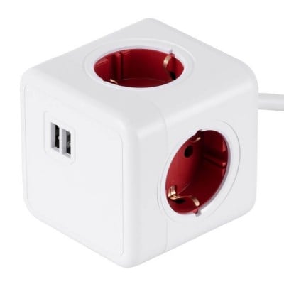Πολύπριζο κύβος με καλώδιο 8x8cm λευκό-κόκκινο με 4 σούκο και 2 θύρες USB
