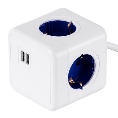 Πολύπριζο κύβος με καλώδιο 8x8cm λευκό-μπλε με 4 σούκο και 2 θύρες USB
