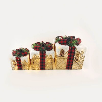 Δώρα Χριστουγέννων διακοσμητικά χρυσαφί με καρό κορδέλα και γκι σετ 3 τμχ