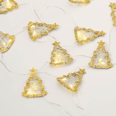 Φωτάκια χριστουγεννιάτικα σε γιρλάντα 190cm δεντράκια με χρυσαφί glitter