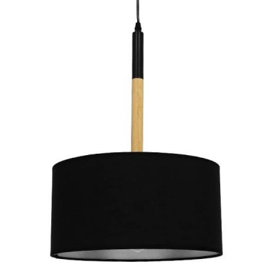 Μαύρο υφασμάτινο κρεμαστό φωτιστικό Φ35cm με λεπτομέρεια σε χρώμα ξύλου