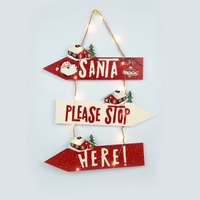 Ξύλινο κρεμαστό διακοσμητικό χριστουγεννιάτικο μπαταρίας Santa Please Stop Here θερμό φως